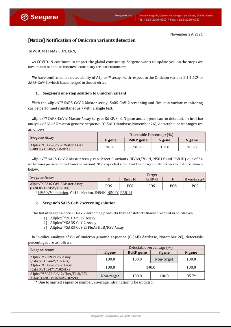Comunicato Seegene circa le prestazioni test COVID-19 in presenza della variante Omicron